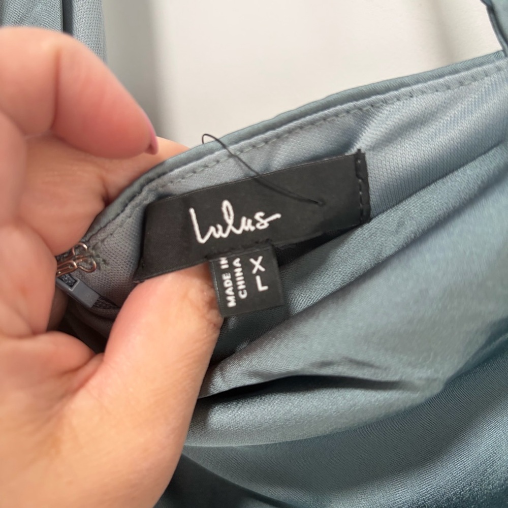 Lulus Signature Elegance NWT size XL Slate Blue Satin One-Shoulder Maxi Dress - Picture 8 of 14